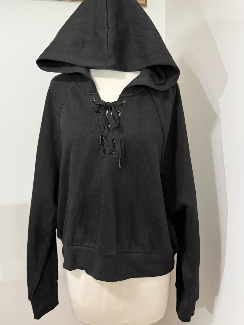 NEW Victoria's Secret Cotton Fleece Lace-Up Hoodie Sz XL Black NWT